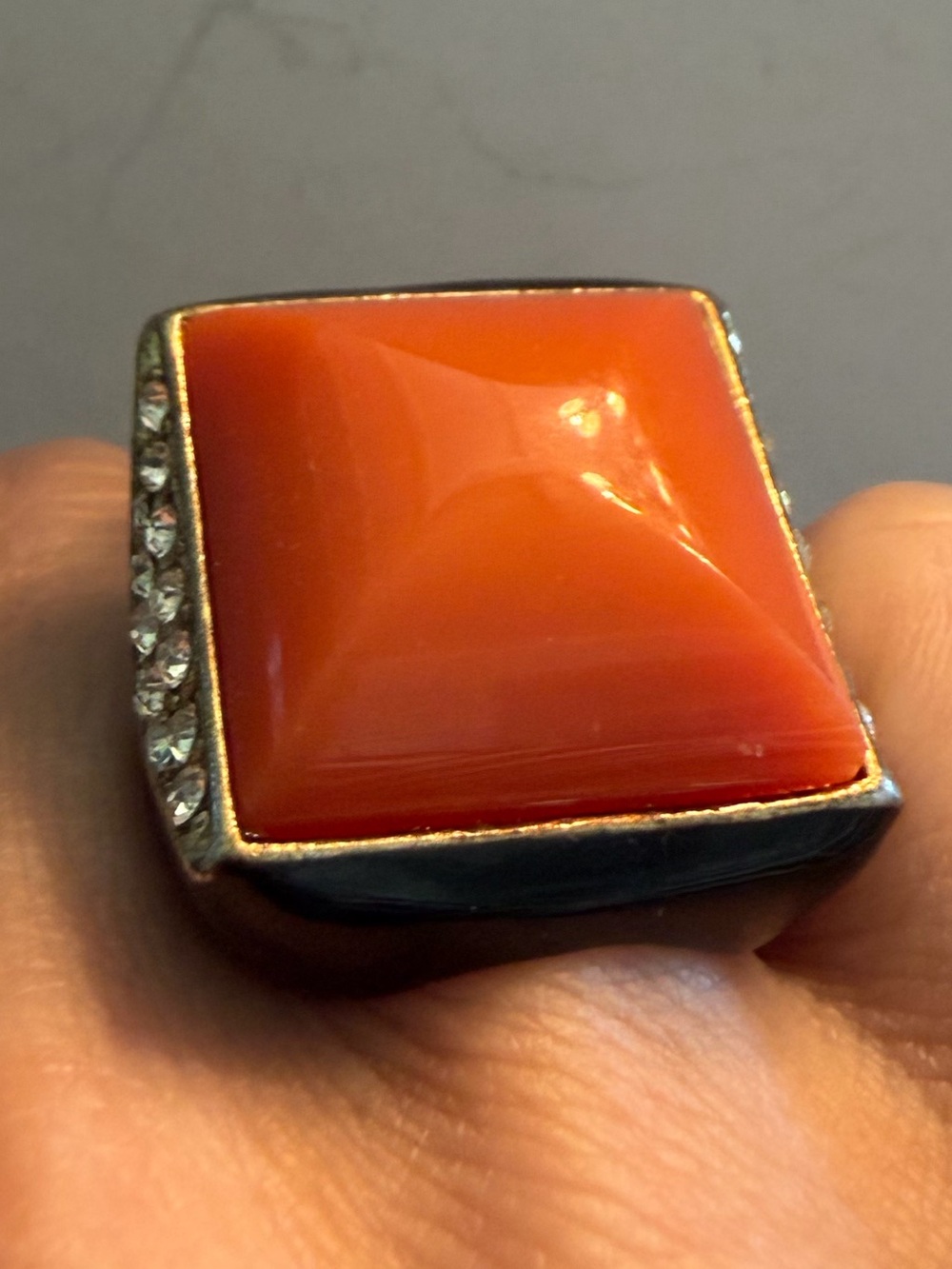 Vtg Art Deco Style Coral & Black Enamel w/ Rhinestone Cocktail Ring after D Webb